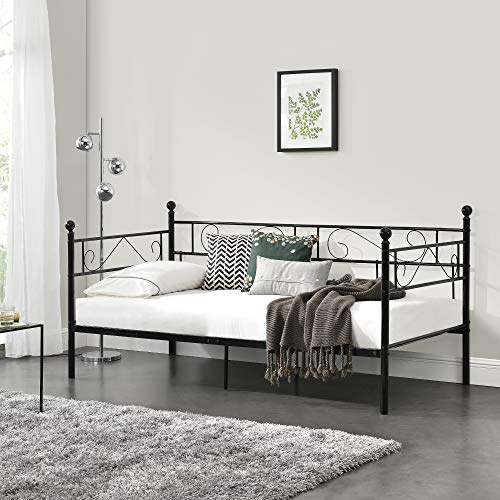 [en.casa] Sängsäng 90 x 200 svart metallsäng sängöverkast sängsoffa sängsäng ungdomssäng gästsäng