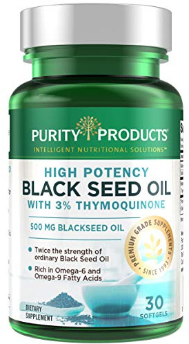 Purity Products High Potency Black Seed Oil - Double Strength + Cold Pressed - 3% Thymoquinone - 500 mg Black Cumin Seed Oil - Omega 6 + 9 Essential Fatty Acids - Easy to Swallow - 30 Mini Softgels