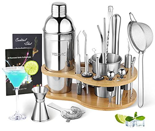 YISSVIC Shaker Cocktail Set 22 Pezzi Kit Barman Professionale in Acciaio Inox con 750ml Shaker e Tazza di Utilità, 2 Manuali di Bartending per Casa Bar Festa, Regalo per Donna Uomo