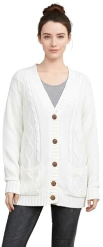 LUXE DIVA New Womens Everyday Long Sleeve Button Top Ladies Chunky Aran Cable Knit Grandad Cardigan, White, 12-14