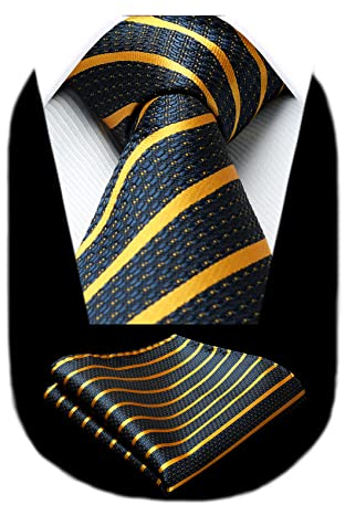 HISDERN Retro Krawatte Set Taschentuch Gelb Blau Gestreifte Klassische Formell Krawatten & Einstecktuch Set Für Geschäftsleute Arbeit