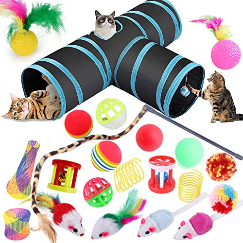 Speedy Panther 22 Pcs Cat Toys for Indoor Cats Adults Interactive Kitten Toys Cat Tunnel Mouse Feather Teaser Wand Spring Toy