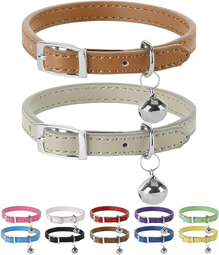 Katzenhalsbänder 2pcs aus Leder mit Glöckchen polierte, langlebige Metallschnalle verstellbare Haustier Halsbänder für Kätzchen Welpen Hunde Katzen (30-32cm)