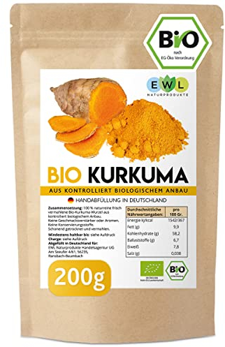 EWL Naturprodukte Kurkuma Pulver BIO, 200g Kurkuma Bio Pulver fein gemahlen, Curcuma Pulver aus kontrolliert biologischem Anbau