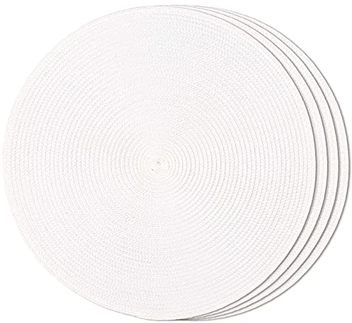 FunWheat Runde geflochtene Tischsets für Esstische, gewebt, waschbar, rutschfest, 38,1 cm, Weiß, 4 Stück