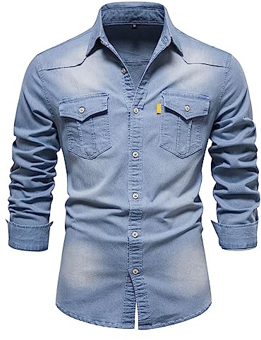 Skrsila Chemise en Jean pour Hommes en Coton Manches Longues avec Poces, Chemise Denim Taille S-XXL