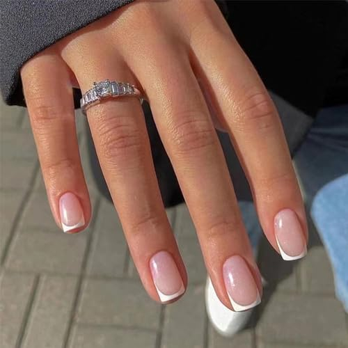 24 Stück Lang künstliche Nägel zum aufkleben - Fake Nails mit Nail Glue - Quadratisch False Nails für Frauen & Mädchen (Shimmer French White & Pink)