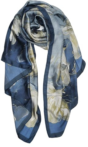 YOUR SMILE Large Mulberry Silk Feeling Long Stain Scarf Lightweight Sunscreen Shawls Wraps for Women (03 Blue/Oil Paingting Flower)