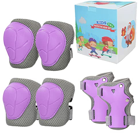 LANOVAGEAR Kids Knee Pads Set Elbow Pads Wrist Guards Protective Gear Set for Roller Skates,Scooter,Inline Skating,Cycling,Bike,Skateboard,Riding (purple-xk, S)