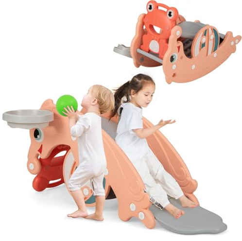 Maxmass Kids Rocking Horse and Slide Set, 3-in-1 Toddlers Rocker Slider with Basketball Hoop, Indoor Freestanding Slide Climber Playground for 18-36 Months (Pink)