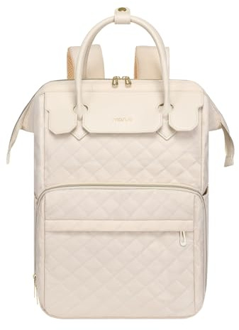 MOSISO Laptop-ryggsäck för kvinnor män 15,6 tum, 15-16 tum laptopväska romb quiltad flyggodkänd resa med PU-handtag, ryggsäcksväska ryggsäck med USB-port för college arbete affärer, beige