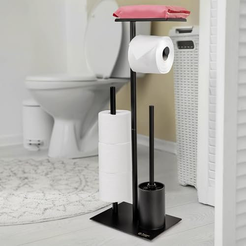 Truserv Free Standing Toilet Roll Holder with Toilet Brush and Wipes or Phone Shelf (Black)