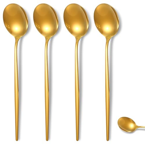 4 cucharas de café espresso de acero inoxidable negro satinado de 8 pulgadas, cucharas de té helado, cucharas de remojo para café, té británico, postre, pastel, helado, capuchino (dorado)