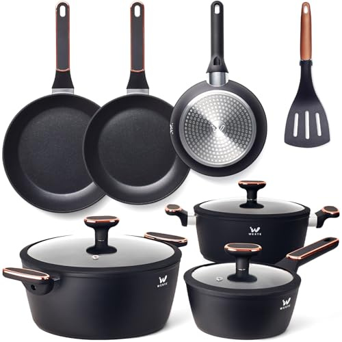 Topfset 12-teilig mit Antihaftbeschichtung - Kochtopf Set mit Deckel - Induktions Töpfe Set - Töpfe & Pfannen Set für Alle Herdarten - Kochgeschirr für Gasherd & Ceranfeld (Black)