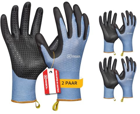 GEBOL Crocus, 2 Paar Gartenhandschuhe Damen & Herren, touchscreenfähige Arbeitshandschuhe aus Recycling-Material, atmungsaktiver Strick mit COOLMAX-Faser, Gr. L/9, Blau