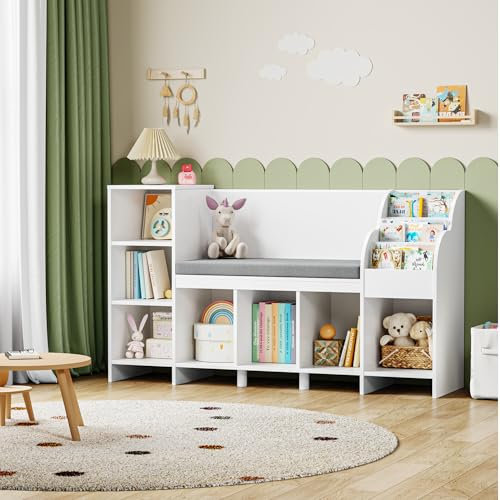 HOCSOK Kinderregal, 138.5 cm Bücherregal Kinder mit Kissen und 7 Ablagefächern, Spielzeugregal Aufbewahrung für Kinderzimmer, Spielzimmer, Kindergärten, Weiß, 80×40×138.5cm