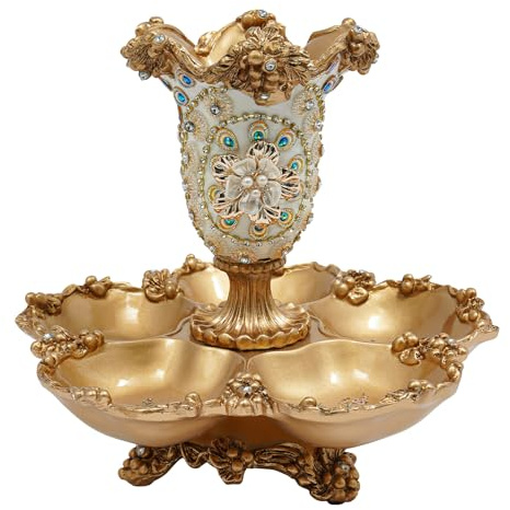 trggvvrt 2 Tiered Fruit Bowl, 5 Compartment Decorative Fruit Basket Plate with Vase Gold & White, Kitchen Counter Snack Tray Decor for Candies, Nuts, Keys, Snacks