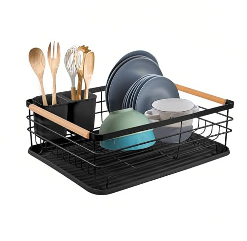 Trintion Edelstahl Geschirr Abtropfgestell mit Holzgriff - Abtropffläche 42x31x14cm, Rostfrei mit Kunststoff Abtropfschale, Spülkorb für Teller, Töpfe & Besteck