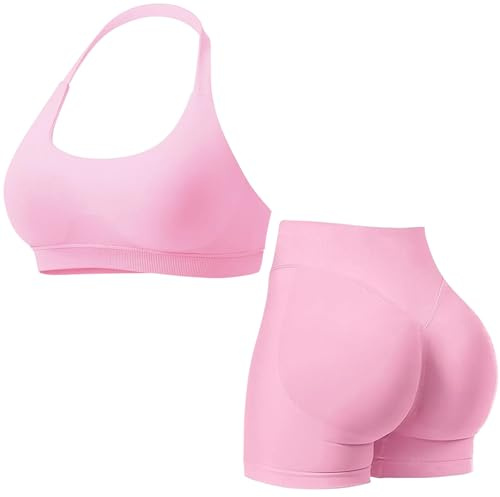 Seamless Gym Workout Sets for Women 2 Piece Halter Backless Sports Bras Hidden Scrunch Shorts Yoga Outfits Workout Tracksuits
