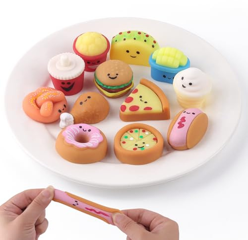 Anboor Mini juguete de comida exquisita – 12 juguetes blandos Kawaii de comida antiestrés para apretar para niños, mini juguetes de comida basura para fiestas y rellenos para bolsa