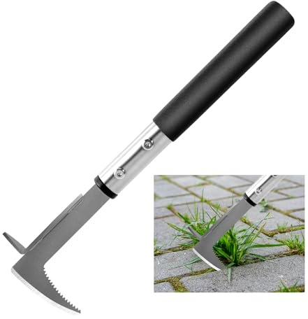 BARAYSTUS Estirpatore Erbacce Manuale, Raschietto per fughe con Manico da 33 cm, Bordo Seghettato in Acciaio Inox, Utensile per la Rimozione di Erbacce e Muschio da Giardino e Vialetti