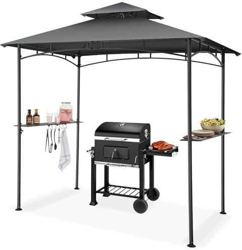 tectake® Grillpaviljong med vattentät & UV-skydd, paveljong med två hyllplan, sidomarkis med gasfjäder, 2 Sidobord & krokar, stabil stålram, perfekt för grill & trädgård - Antracit