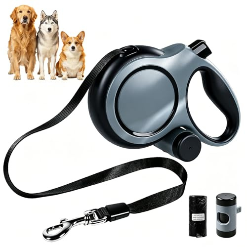 Retractable Dog Lead 5m One-Hand Quick Lock Brake System Heavy Duty Tangle-Free 360° Swivel Extendable Leash Ergonomic Handle Waste Bag Dispenser for Outdoor Walking for Medium Large Dogs up to 40kg