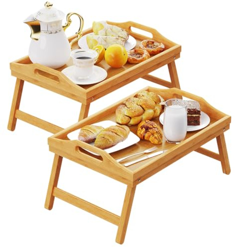 2 Pack Breakfast in Bed Tray for Eating, 16.92 x 12.6 Inch Bed Table Tray with Folding Legs & Handles, Bamboo Food Lap Trays Fits for Adult Kids Eating/TV/Surgery Recovery by Easoger. Set of 2