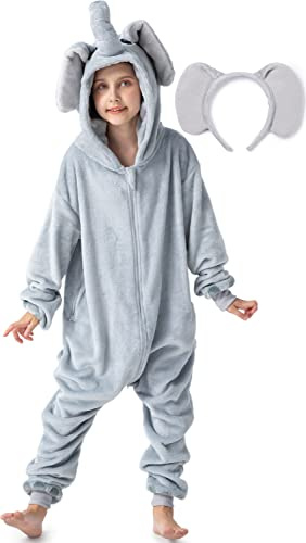 corimori Flauschiges Elefanten-Kostüm für Kinder mit Haarreif | Karneval Fasching Kostüm Onesie für Mädchen, Jungen | Körpergröße 110-130cm