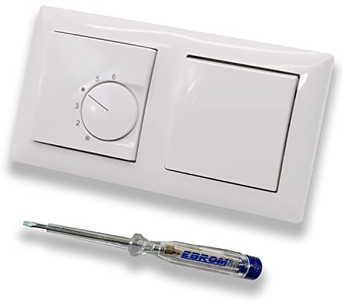 Halmburger UP Raumthermostat Raumtemperaturregler RTR-5510rg in Busch Jäger Balance SI alpinweiß Rahmen 1722-914 + Tastschalter 2020 US inkl. EBROM Phasenprüfer zur Montage der Geräte RTR-5510 (rg)