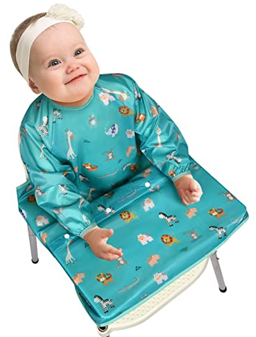 Vicloon Baby Lätzchen mit Lange Ärmeln, 2 in 1 Baby Langarmlätzchen Befestigt Sich an Ihrem Hochstuhl, TPU Wasserdicht,Abnehmbar, Fütterung Lätzchen Schürze fürJungen Mädchen Kleinkind-Tiere