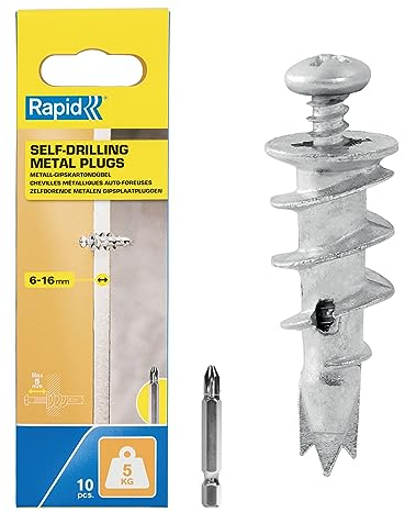 Rapid selbstbohrender Gipskartondübel aus Metall mit Schraube für Gipskartonplatten und Gipsfaserplatten (6-16mm), Tragfähigkeit 5 kg, 10 Stück Rigipsdübel, Set mit PH2-Schraubbit
