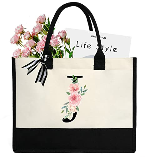 sundee Personalized Initial Canvas Beach Bag, Canvas Tote Bag with Inner Zipper Pocket, Monogrammed Gifts Tote Bag for Wedding, Birthday, Holiday - Letter J