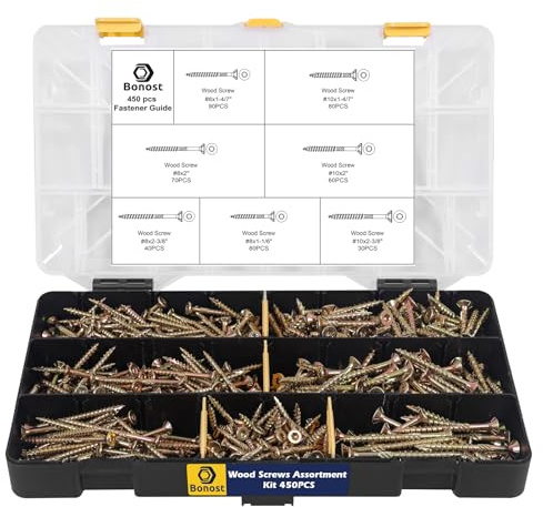 Bonost 450Pcs Wood Screws Assortment Kit - Assorted Wood Screws with Matching Bits - Torx Drive Wood Screw Set for Decking, Furniture, Woodworking Projects
