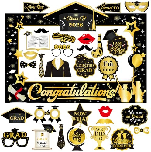 Qpout 30pcs 2026 Graduation Photo Booth Props with Frame Fancy Black Gold Photography Paper Props for Family Grad Party Favors Supplies Decorations,Glasses Moustache Mask Red Lips Bow Pattern