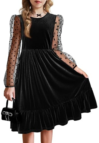 Arshiner Vestido de Terciopelo Niña Liso Vestido de Manga Larga Vestido de Línea A Cuello Redondo Vestido para Niños Vestido de Halloween Vestido de Invierno Vestido de Fiesta Negro 6-7 Años