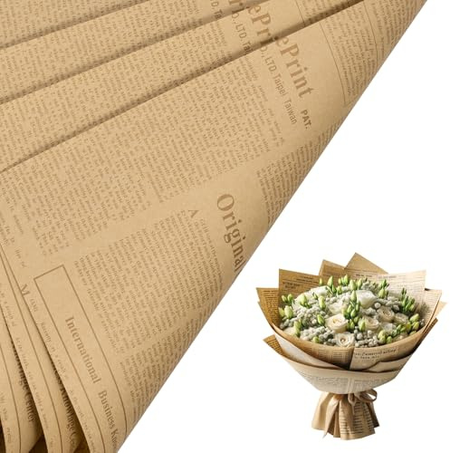LeZakaa 20 ark pysseltidningspapper för tidningspapper - vändbart blommigt bukettpapper - brunt teckensnitt hantverk tidningspapper design för alla hjärtans dag, mors dag, fester, födelsedagar