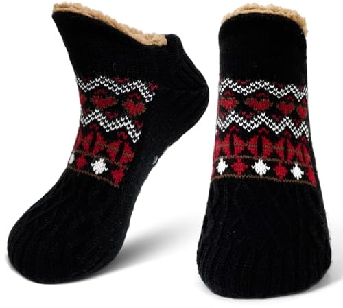 LOFIR Chaussettes Pantoufles de Hiver pour Homme: Chaussettes Pantoufles Antidérapantes en Polaire Chaudes - Chaussettes Thermiques Fourrées Épaisses pour Cadeau de Noël 1 Paire Noir 43-46