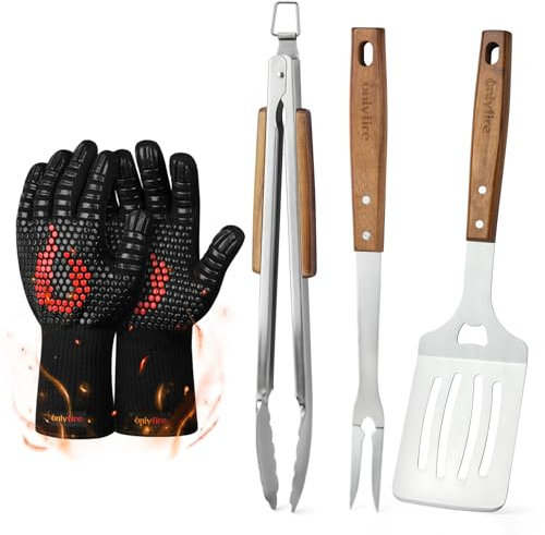 onlyfire BBQ Grillbesteck Set, Enthält Grillzange, Grillwender, Fleischgabel und Grillhandschuhe, Edelstahl Grillzubehör, Pfannenwender Set, Grill-Besteck-Set für Garten und Camping, 5 Teilig