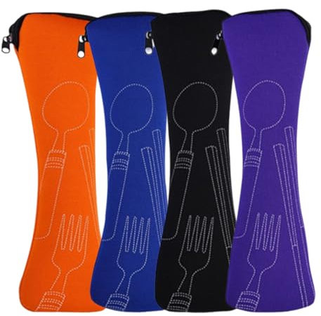 SGERUFZ 4 Stück Tragbare Neopren Bestecktaschen Leer mit Reißverschluss Besteck Camping Geschirr Waschbar Schule Picknick to go Taschen (Schwarz, Lila, orange, blau)