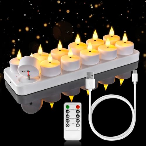 Homemory 2/4/6/8 Remote Timer, USB Rechargeable Electric Battery Operated, Rechargeable Base Tealight, LED Flameless Candle for Mother's Day, Birthday Party Decor, 12 Pack
