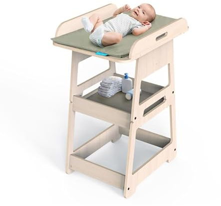 Mamatoyz - 19CFLAT - Fasciatoio neonato, materasso impermeabile incluso, fasciatoio trasformabile in tavolino e sedia per bambino, ripiani per accessori, legno di betulla