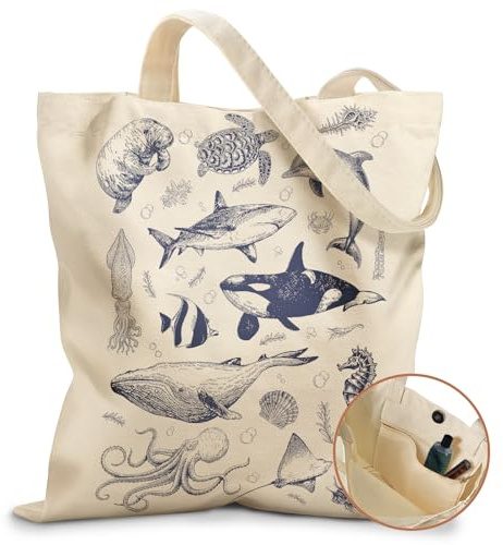 Miss Adola Tote Bag - with Magnetic Buckle and Zipper Inner Pocket for Women Lady Cloth Cotton Tote Bag Aesthetic Sea Fish for Travel, Gym, Work, Travel, Shopping