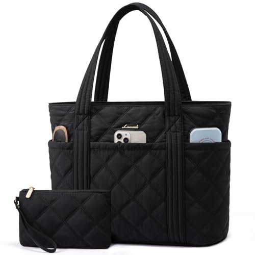 LOVEVOOK Shopper Tasche Handtasche Damen Mittelgroß, Leicht Puffer Tote Bag Arbeitstasche mit Reißverschluss, 15,6 Zoll Laptoptasche Lehrertasche Handbags Women für Uni Büro Arbeit Reisen, Schwarz