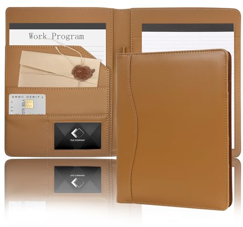 Portfolio A5 Conference Folder, Soft Leather Padfolio 5 x 8 Mini Business Binder Legal Writing Note Pad Junior Size Document Organizer for Present Gift Kid Men Women Light Brown