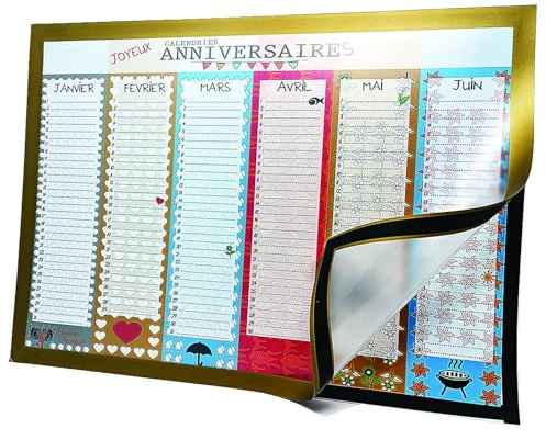 Calendrier Perpétuel Joyeux Anniversaires | Format A3 Recto Verso avec Cadre Magnétique et Adhésif | Calendrier Sans Année à Remplir pour Dates Importantes et Anniversaires | Illustré et Multicolore