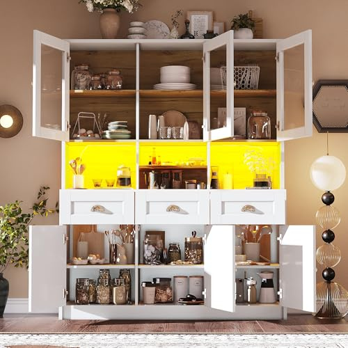 Kebnor Armadio da cucina (140 × 40 × 175 cm), armadio alto da cucina a buffet, armadio a buffet con ripiani regolabili, credenza con illuminazione a LED, colori di luce variabili (bianco)