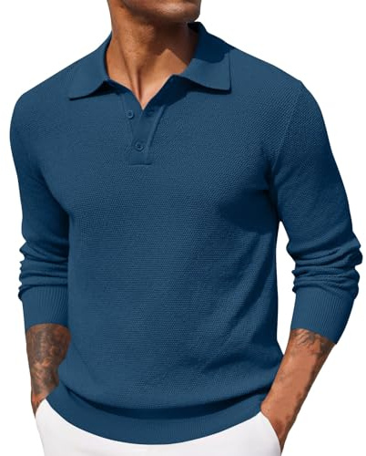 DENGJIAMY - Magliette da golf da uomo, casual, tinta unita, maglia a maniche lunghe, vintage, polo business per uomo, colletto fashion, maglietta con bottone, scollo a V, top autunnali, Marina