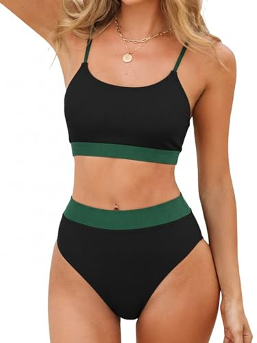 CUPSHE Women's Bikini Set Two Piece Swimsuit High Waisted Scoop Neck Knit Tie Dye Swimwear Black/Dark Green M