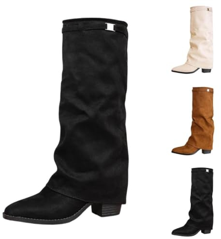 Generisch Women's Boots Fold Over Slouch Block Heel Knee-High Overknees Mid Calf Retro Cowboy Western Zip Non-Slip Thick Sole Autumn Winter Transition Boots, 1 black, 5 UK